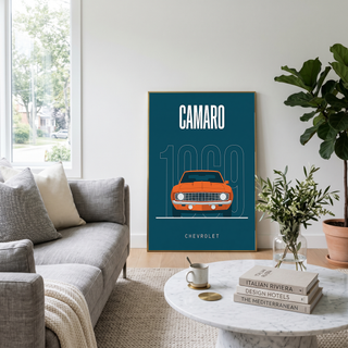 Chevrolet Camaro 1969 Minimalist Poster — Teal Muscle Car Line Art