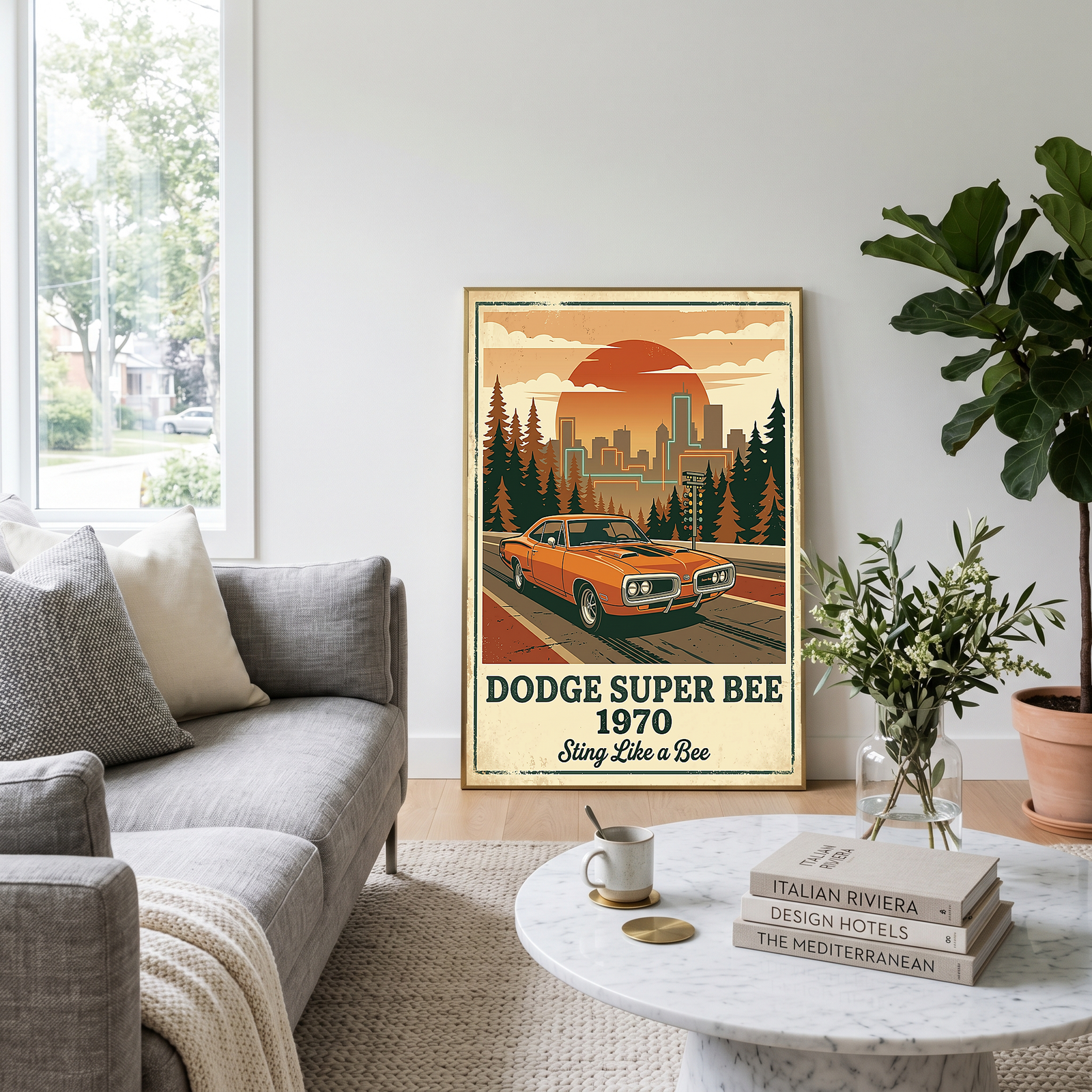Dodge Super Bee 1970 Poster — Vintage Muscle Car City Skyline Print