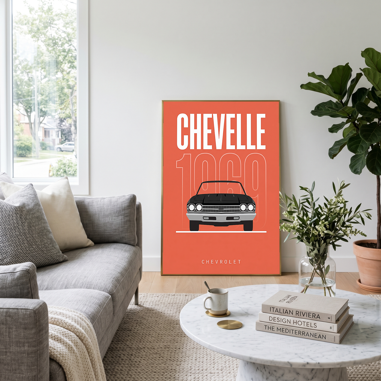 Chevrolet Chevelle 1969 Minimalist Poster — Coral Convertible Muscle Line Art