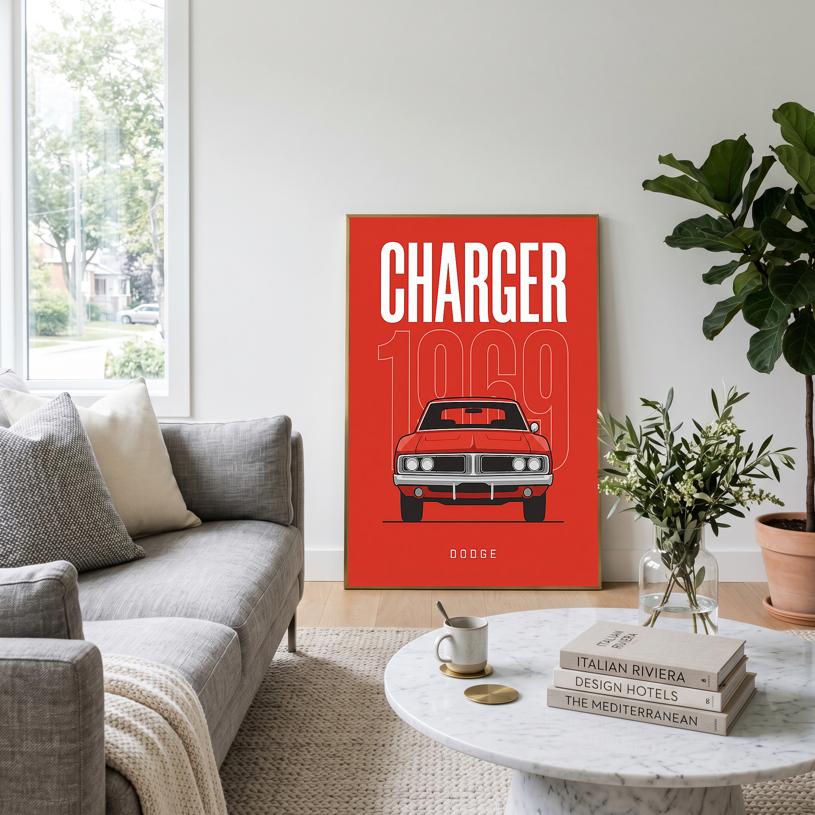 Dodge Charger 1969 Minimalist Poster — Red Muscle Car Line Art