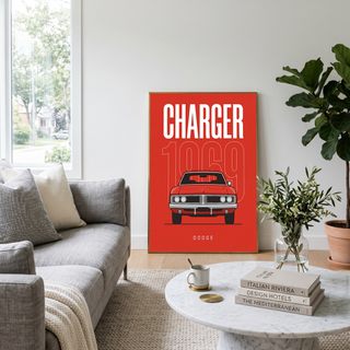 Dodge Charger 1969 Minimalist Poster — Red Muscle Car Line Art