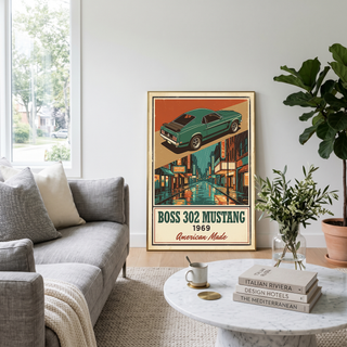 Boss 302 Mustang 1969 V2 Poster — Vintage Muscle Rainy Cinema Street Print