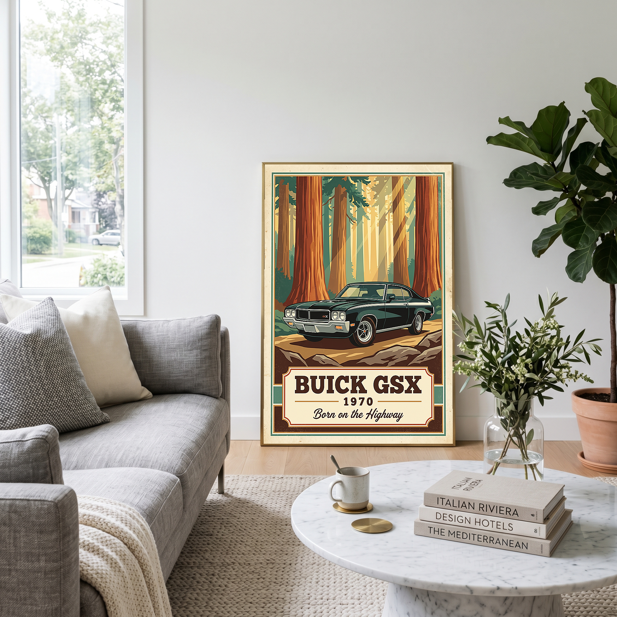 Buick GSX 1970 V2 Poster — Vintage Muscle Redwood Forest Light Beam Print