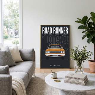 Plymouth Road Runner 1968 Minimalist Poster — Charcoal Muscle Car Line Art