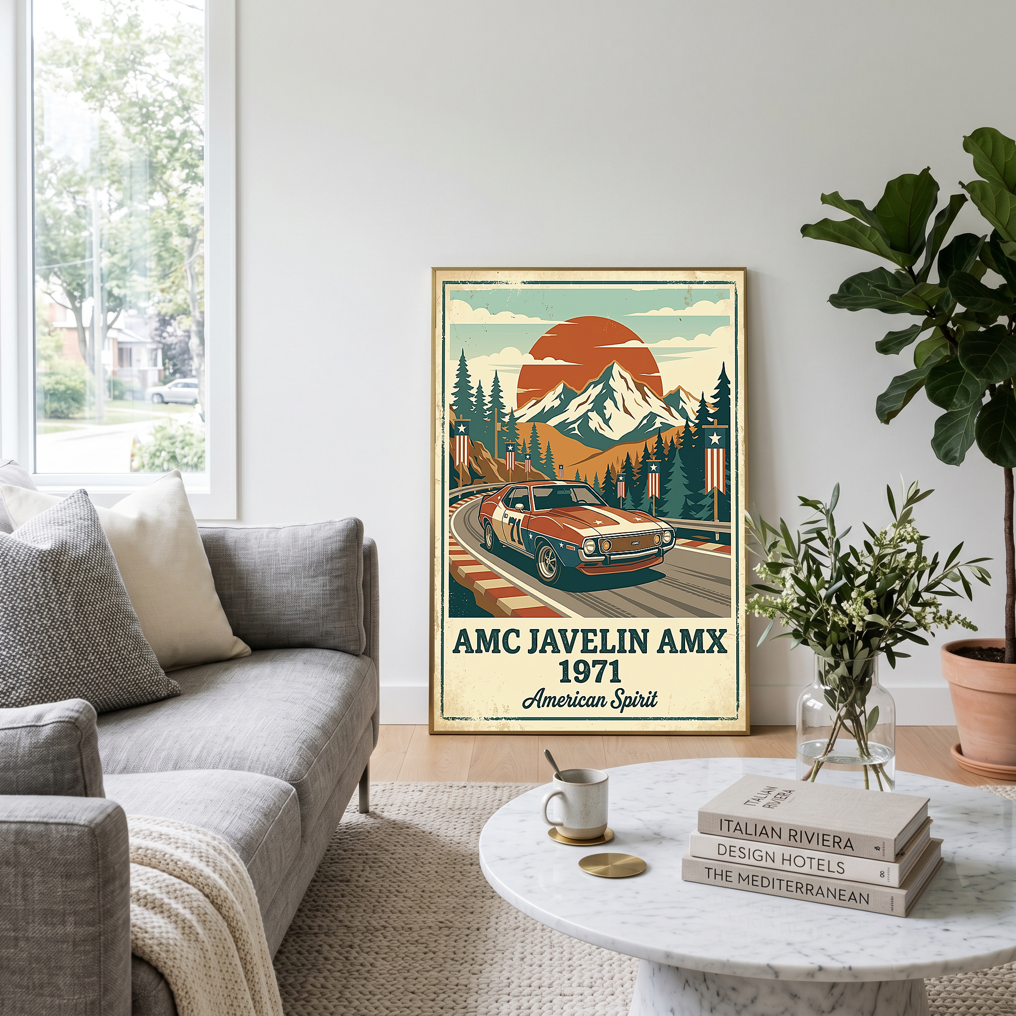 AMC Javelin AMX 1971 Poster — Vintage Muscle Car Race Track Mountain Print