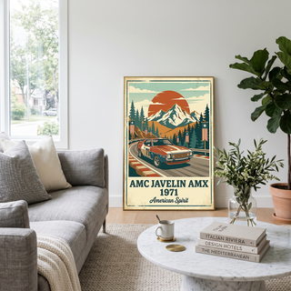 AMC Javelin AMX 1971 Poster — Vintage Muscle Car Race Track Mountain Print