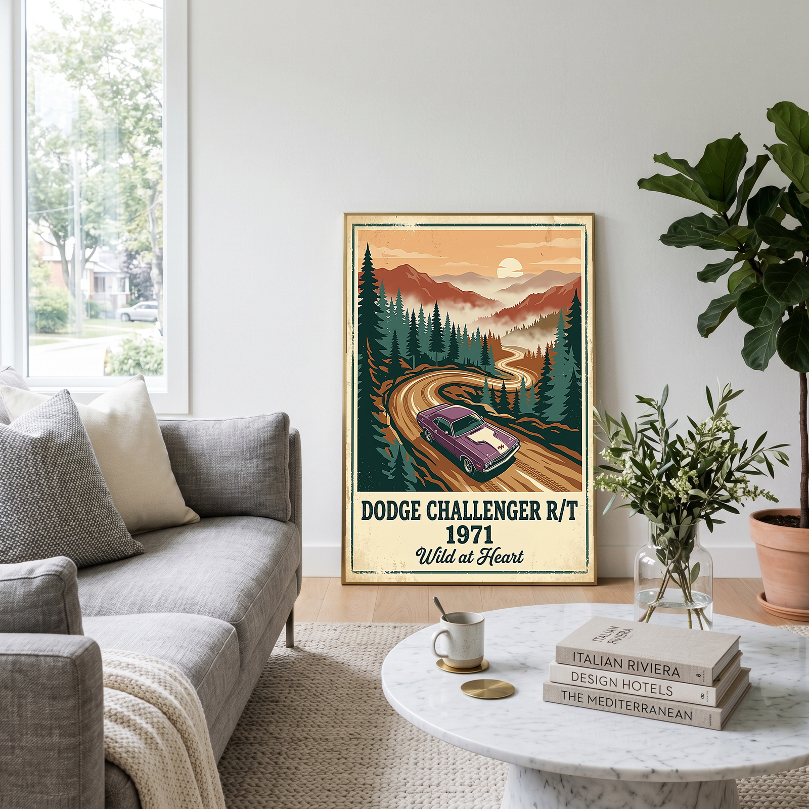 Dodge Challenger R/T 1971 V2 Poster — Vintage Muscle Misty Pine Mountain Print