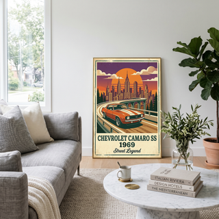 Chevrolet Camaro SS 1969 Poster — Vintage Muscle Car City Skyline Print