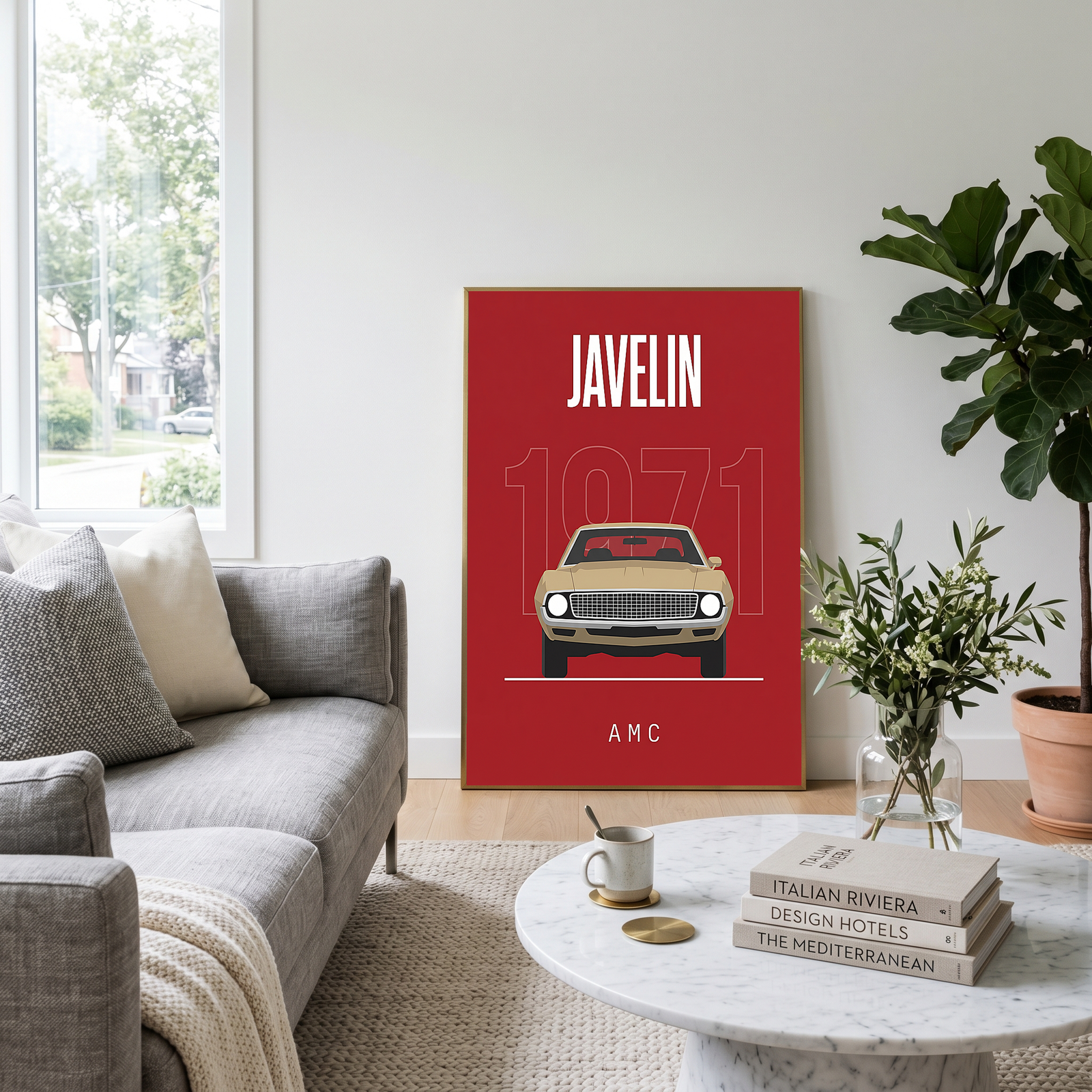 AMC Javelin 1971 Minimalist Poster — Red Muscle Car Line Art