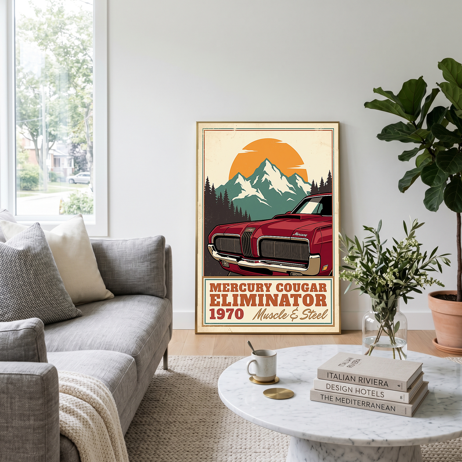 Mercury Cougar Eliminator 1970 V3 Poster — Vintage Muscle Front Grille Mountain Print