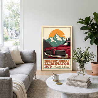Mercury Cougar Eliminator 1970 V3 Poster — Vintage Muscle Front Grille Mountain Print