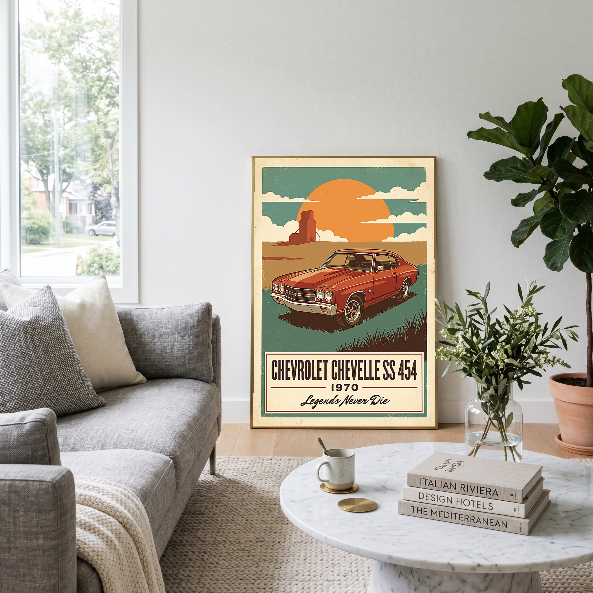 Chevrolet Chevelle SS 454 1970 V8 Sunset Silo Poster — Vintage Muscle Heartland Print
