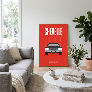 Chevrolet Chevelle 1968 V2 Minimalist Poster — Crimson Sedan Muscle Line Art