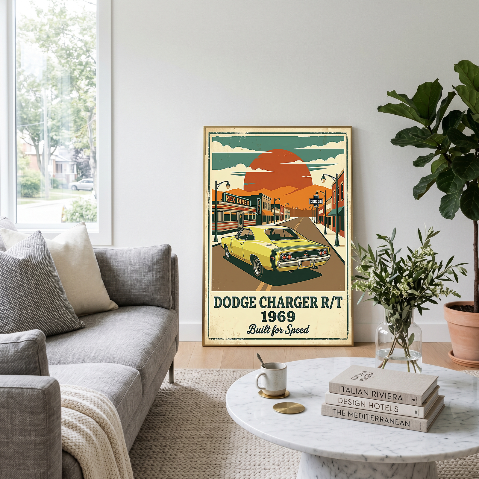 Dodge Charger R/T 1969 Yellow Edition — Vintage Muscle Diner Main Street Print