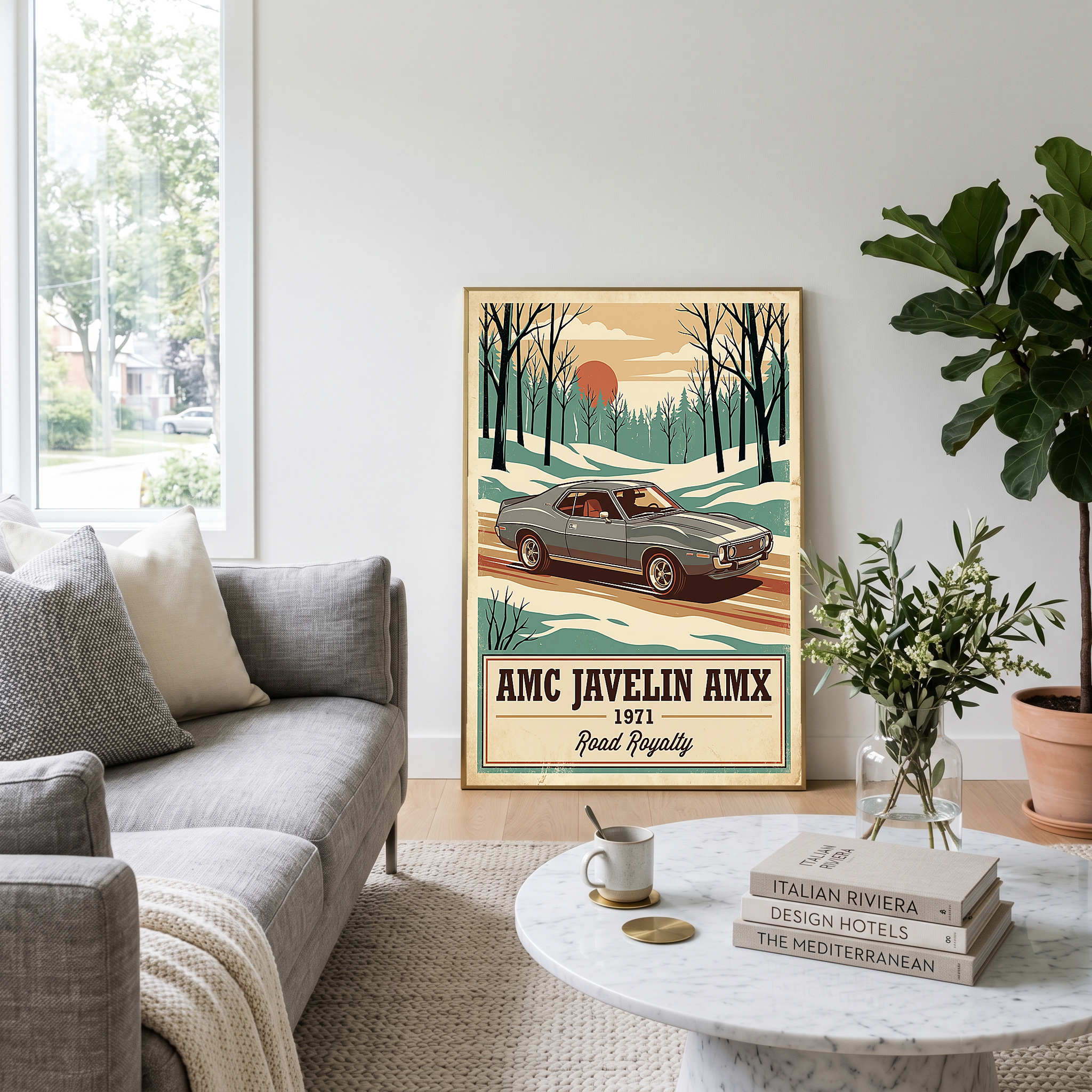 AMC Javelin AMX 1971 V2 Poster — Vintage Muscle Winter Snow Birch Forest Print