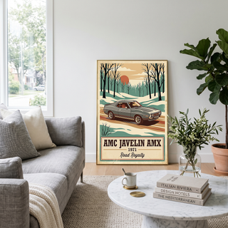 AMC Javelin AMX 1971 V2 Poster — Vintage Muscle Winter Snow Birch Forest Print