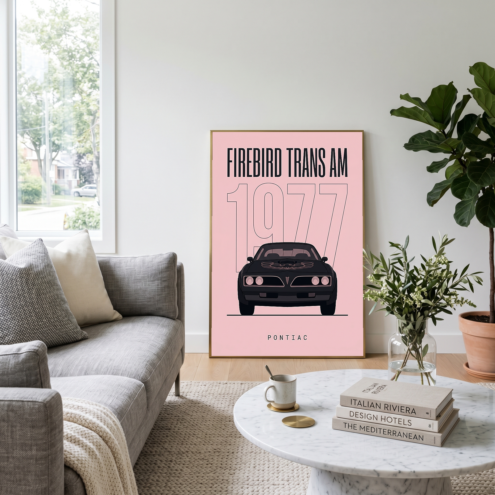 Pontiac Firebird Trans Am 1977 Minimalist Poster — Blush Pink Muscle Line Art