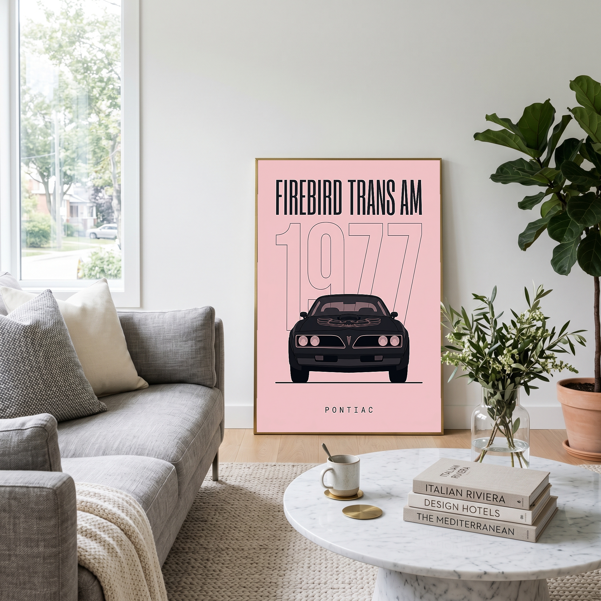 Pontiac Firebird Trans Am 1977 Minimalist Poster — Blush Pink Muscle Line Art