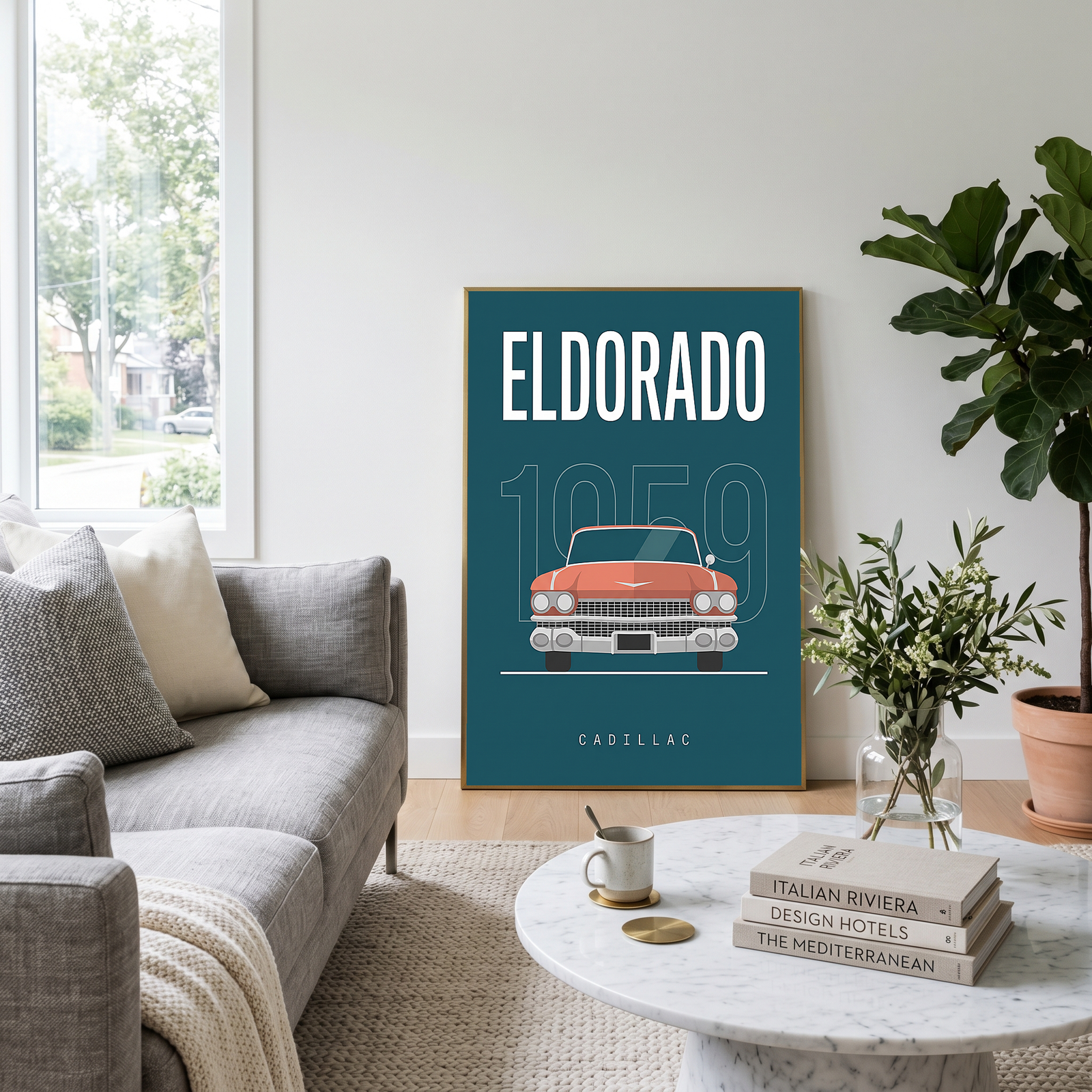 Cadillac Eldorado 1959 Minimalist Poster — Teal Tail-Fin Classic Line Art