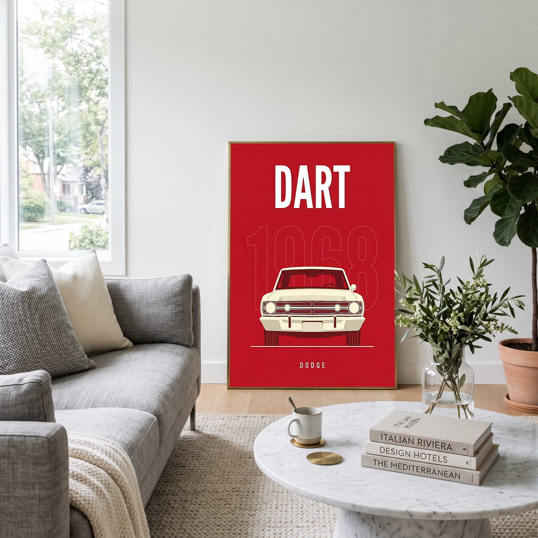 Dodge Dart 1968 Minimalist Poster — Ivory on Cherry Red Muscle Line Art