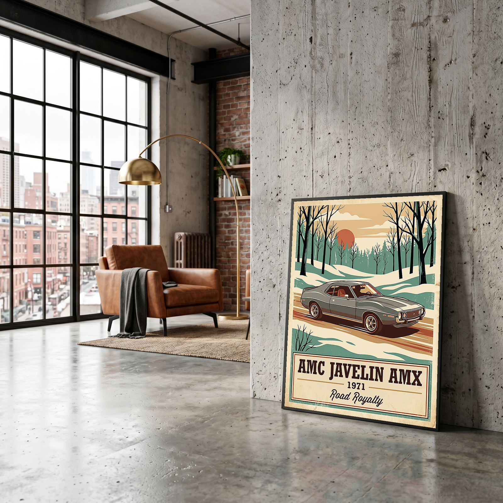 AMC Javelin AMX 1971 V2 Poster — Vintage Muscle Winter Snow Birch Forest Print