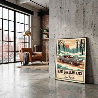 AMC Javelin AMX 1971 V2 Poster — Vintage Muscle Winter Snow Birch Forest Print