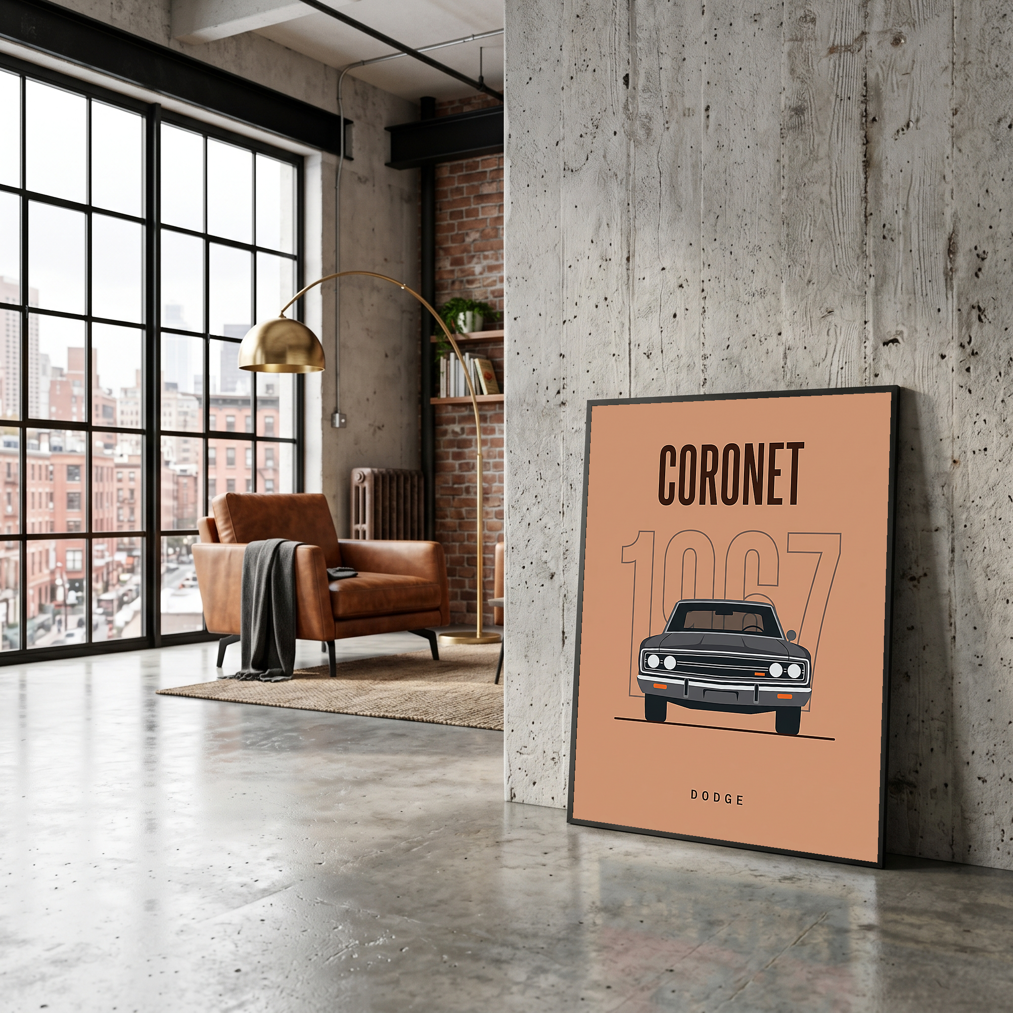 Dodge Coronet 1967 Minimalist Poster — Peach Muscle Car Line Art