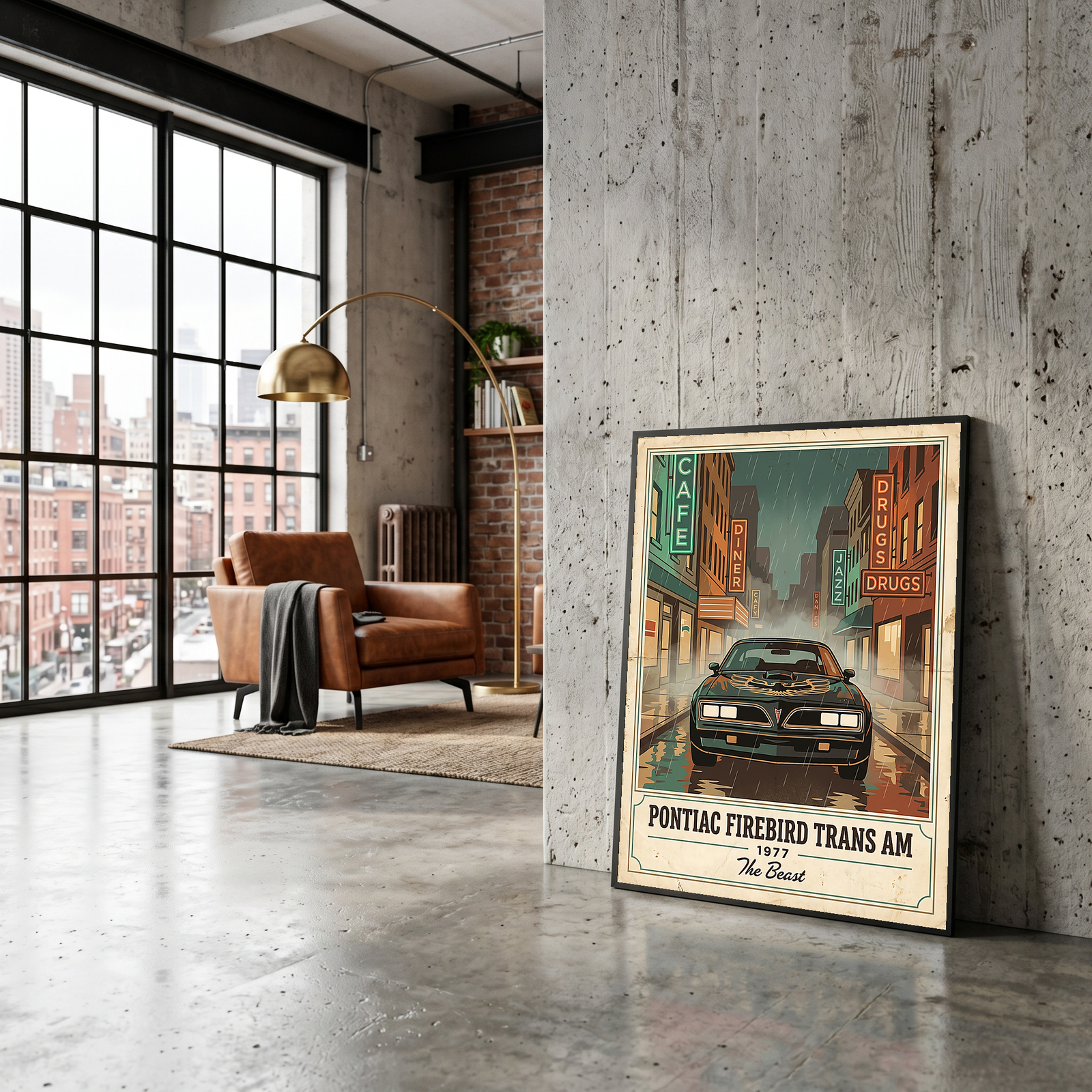 Pontiac Firebird Trans Am 1977 Poster — Vintage Muscle Bandit Rainy Noir Street Print