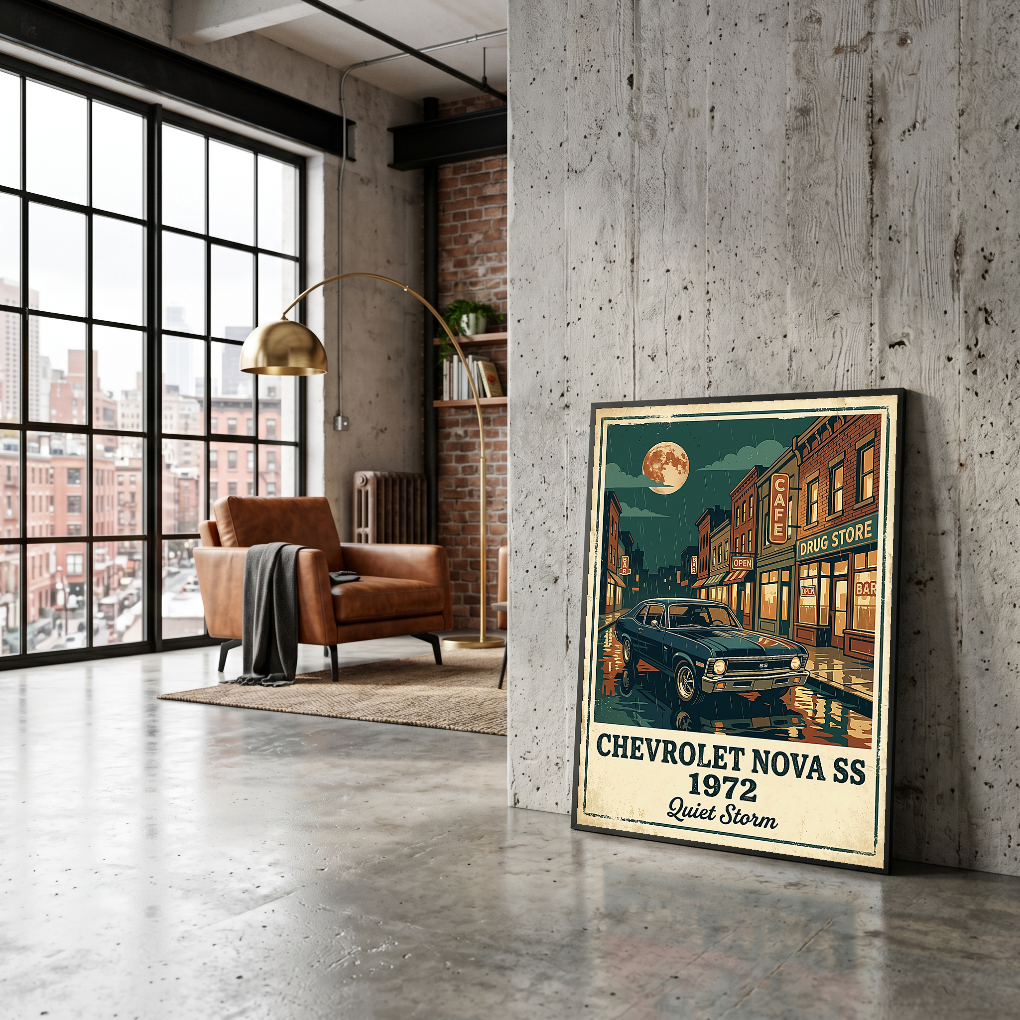 Chevrolet Nova SS 1972 Poster — Vintage Muscle Car Rainy Night Street Print