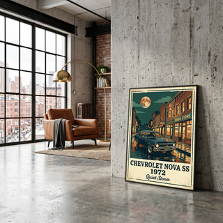 Chevrolet Nova SS 1972 Poster — Vintage Muscle Car Rainy Night Street Print