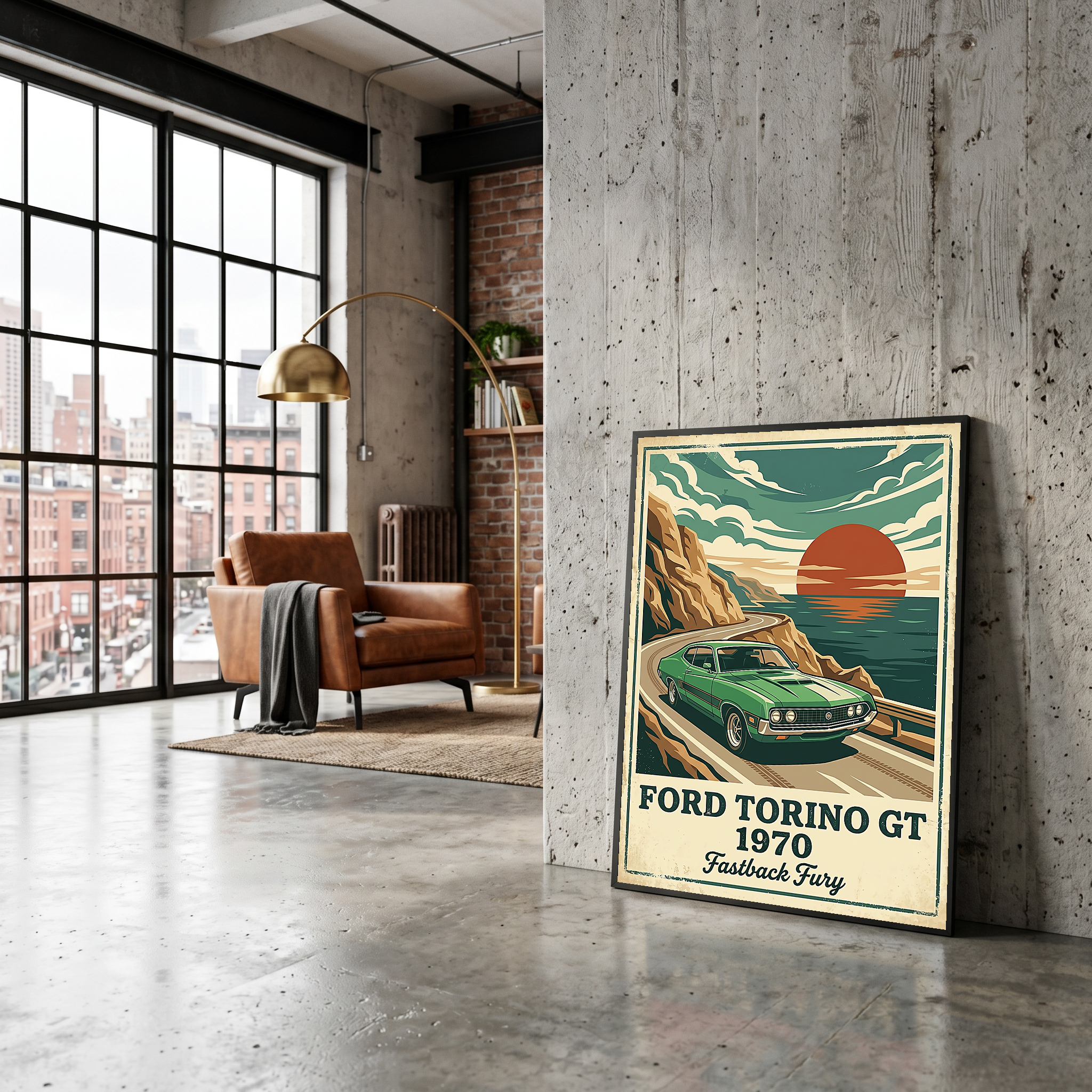 Ford Torino GT 1970 Poster — Vintage Muscle Car Coastal Cliff Sunset Print
