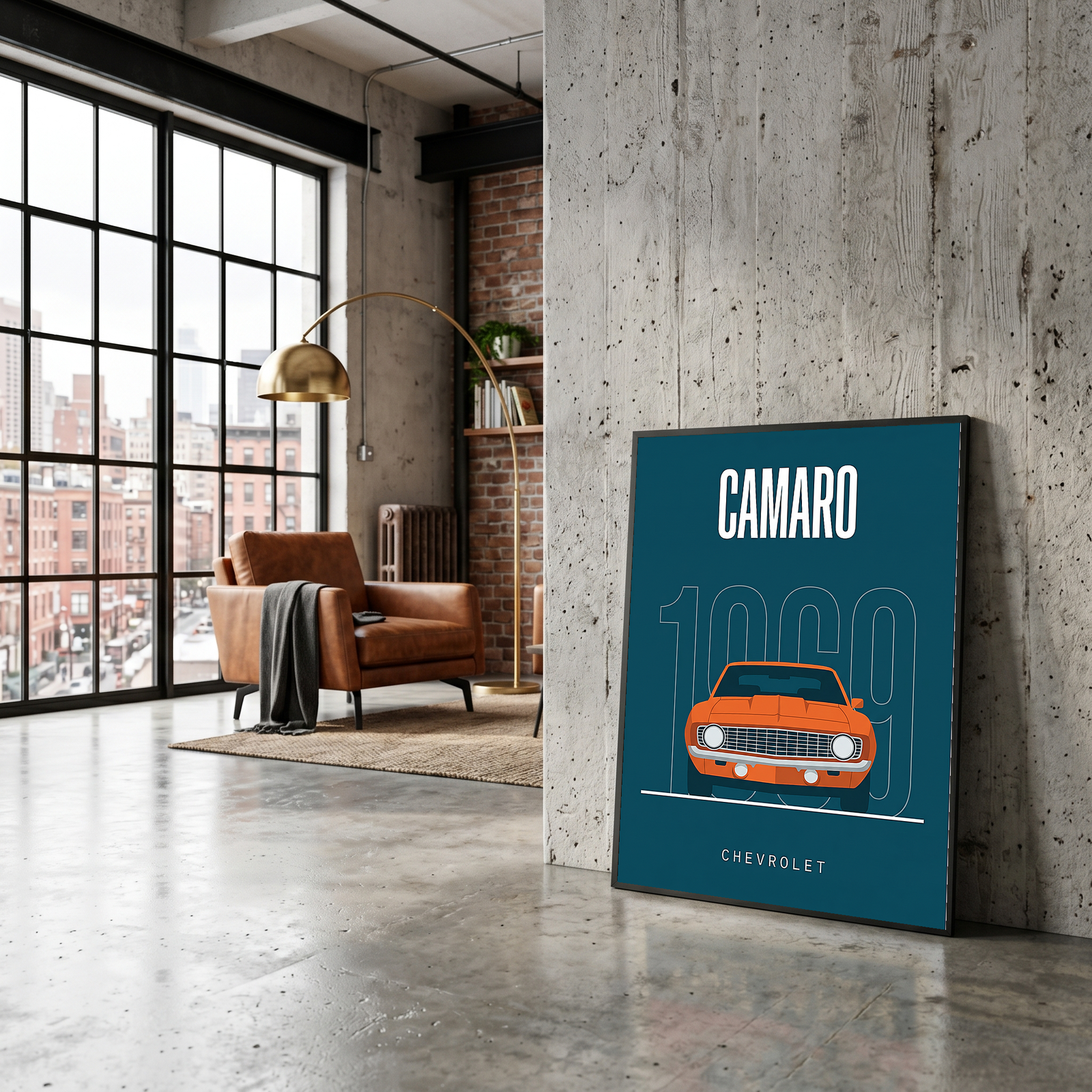 Chevrolet Camaro 1969 Minimalist Poster — Teal Muscle Car Line Art