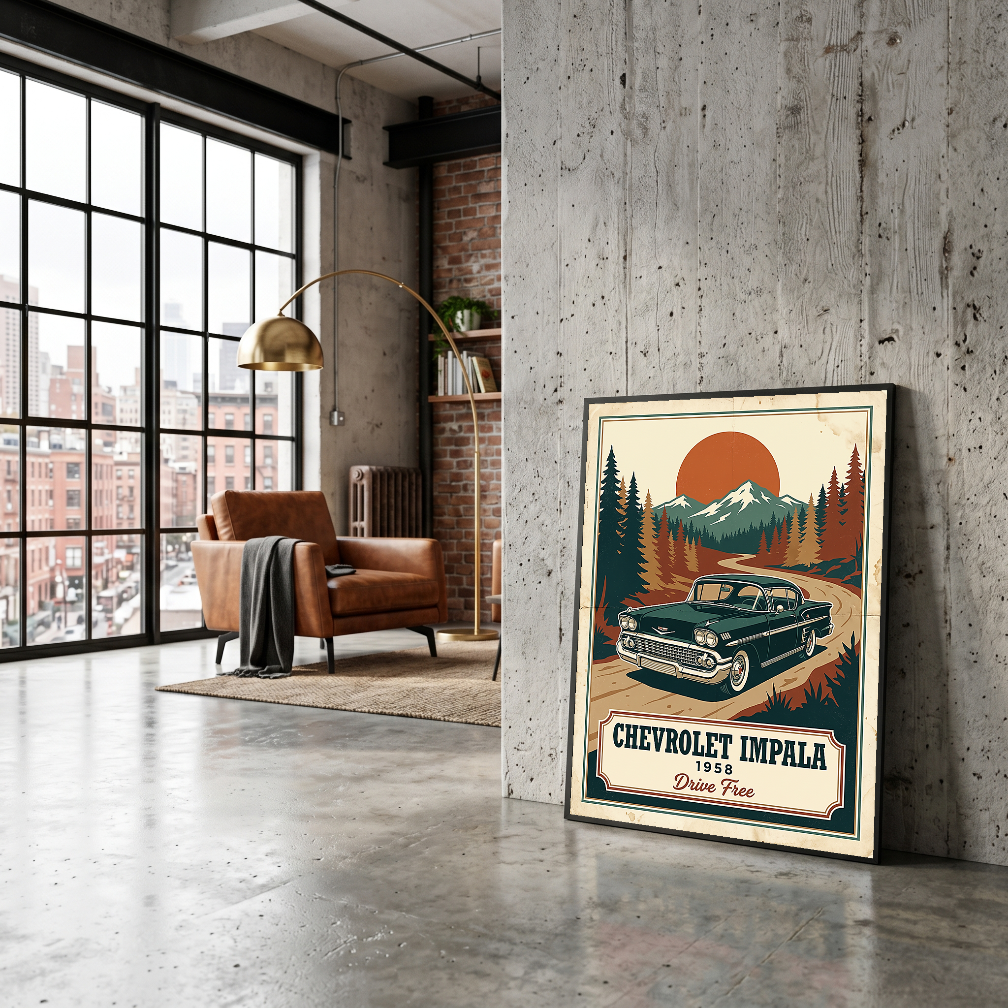 Chevrolet Impala 1958 Poster — Vintage Muscle Mountain Pine Sunset Print