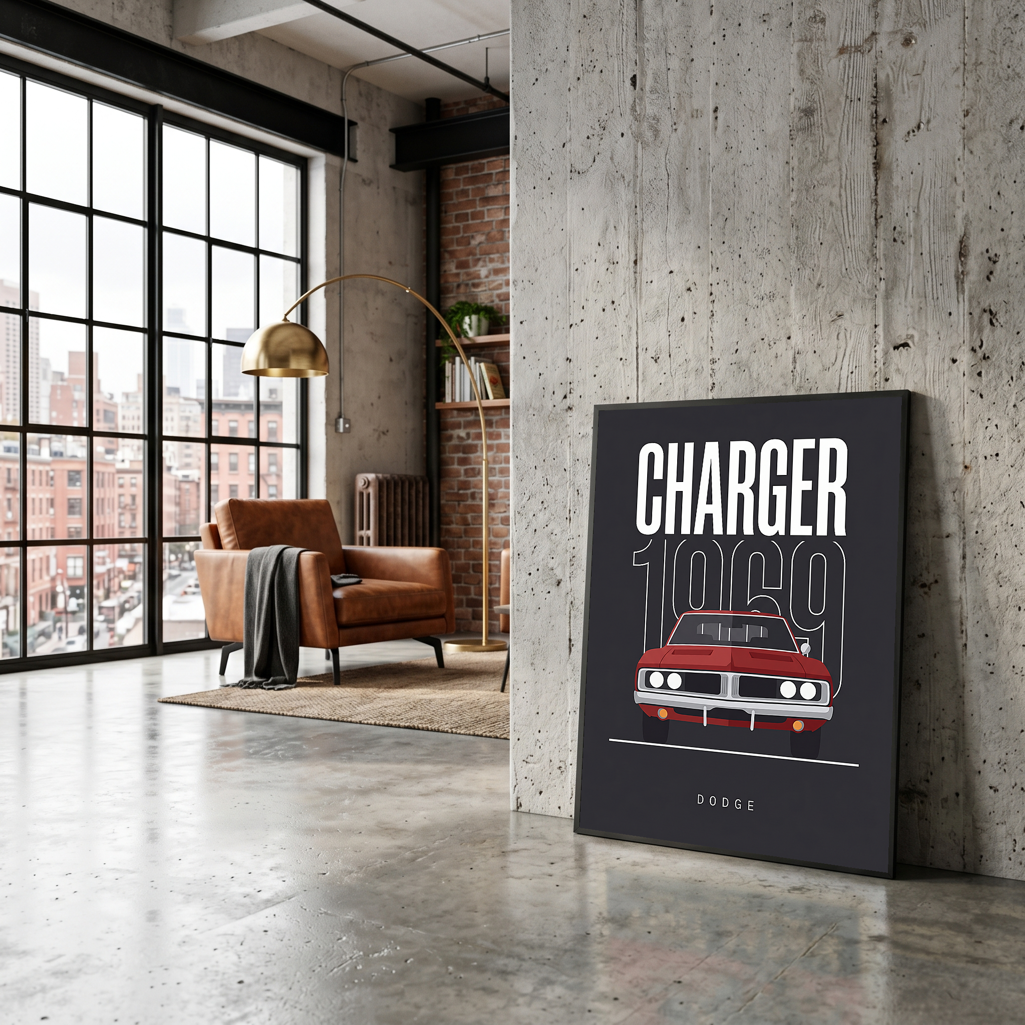 Dodge Charger 1969 V2 Charcoal Minimalist Poster — Muscle Car Line Art