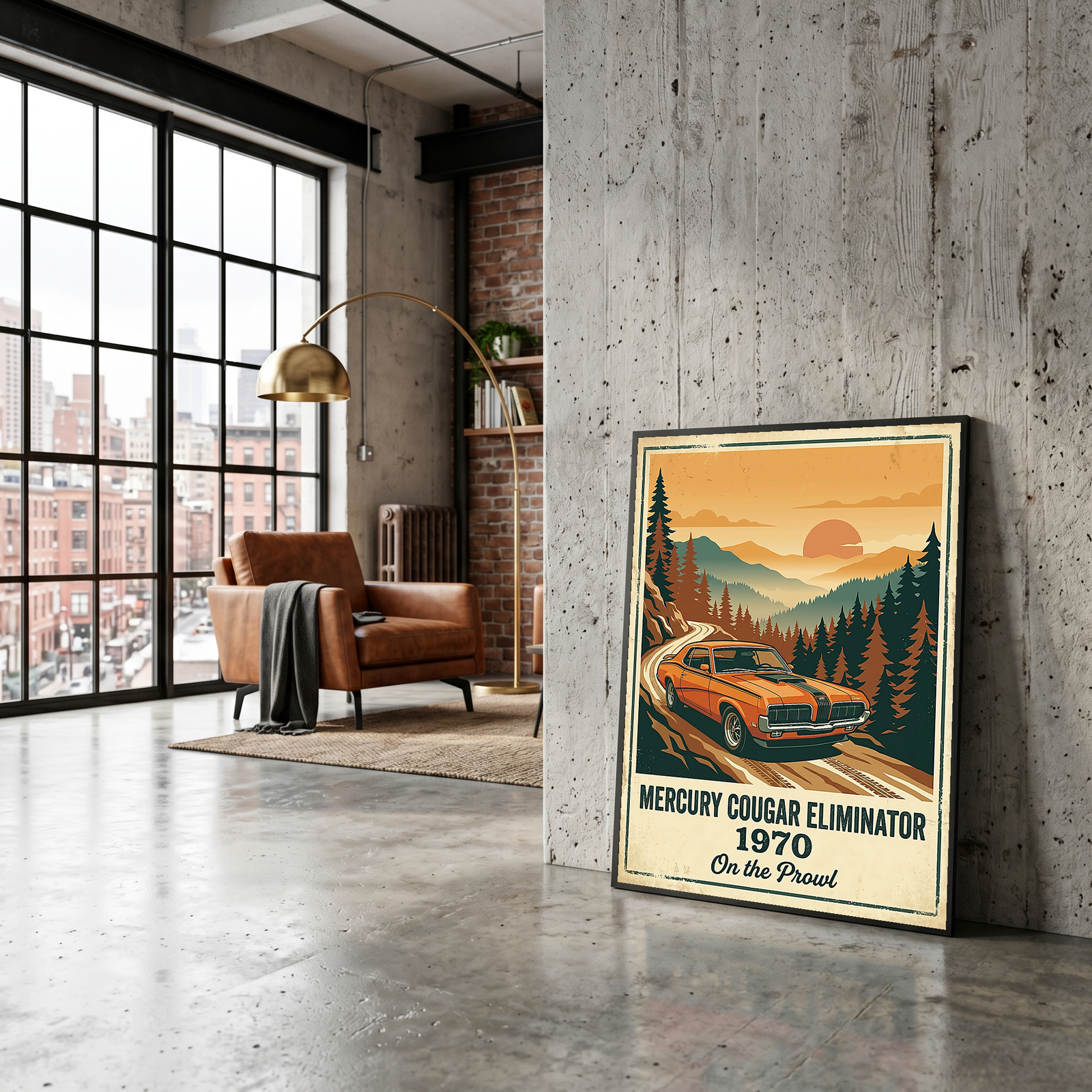 Mercury Cougar Eliminator 1970 V2 Poster — Vintage Muscle Car Pine Forest Sunset