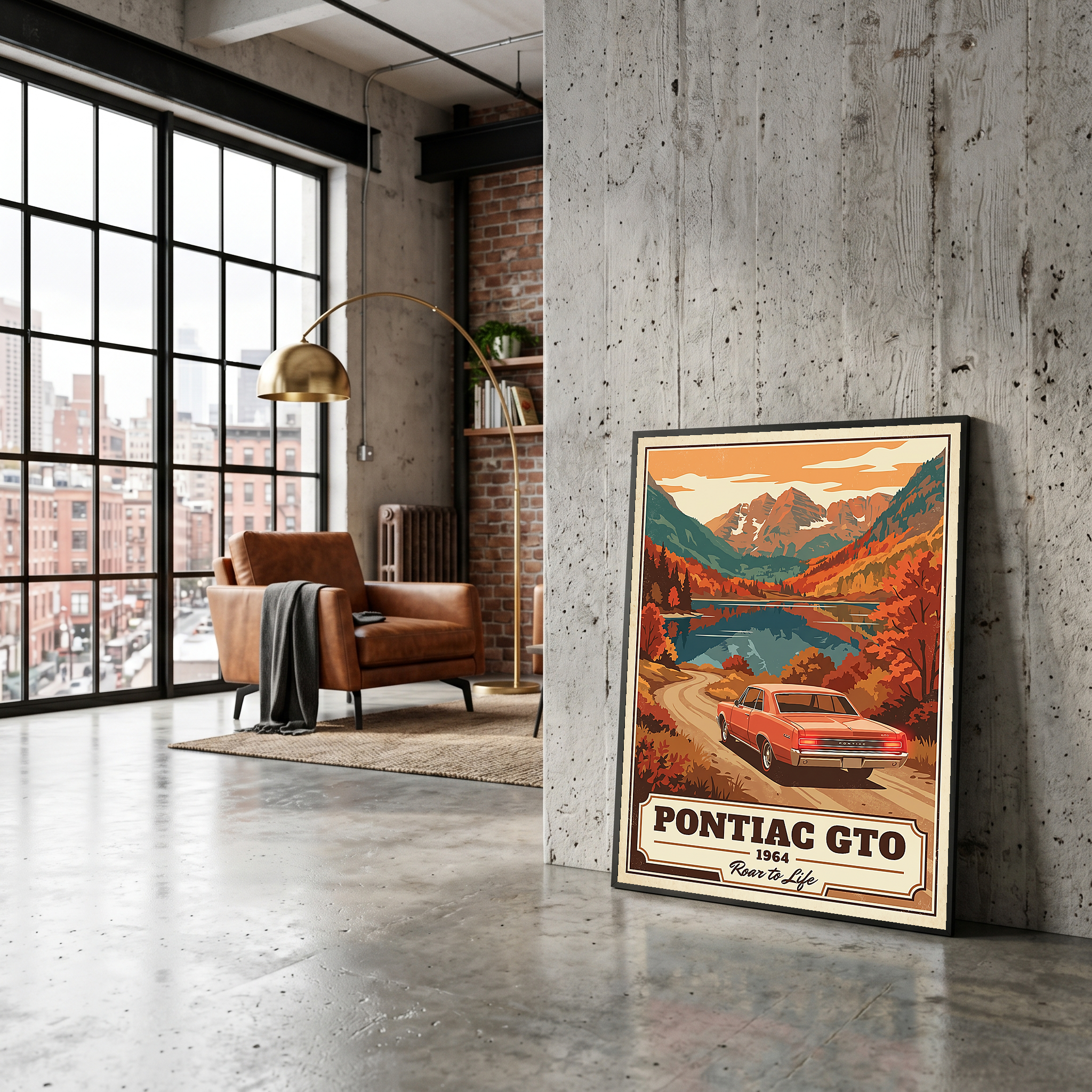 Pontiac GTO 1964 V4 Poster — Vintage Muscle Autumn Mountain Lake Print