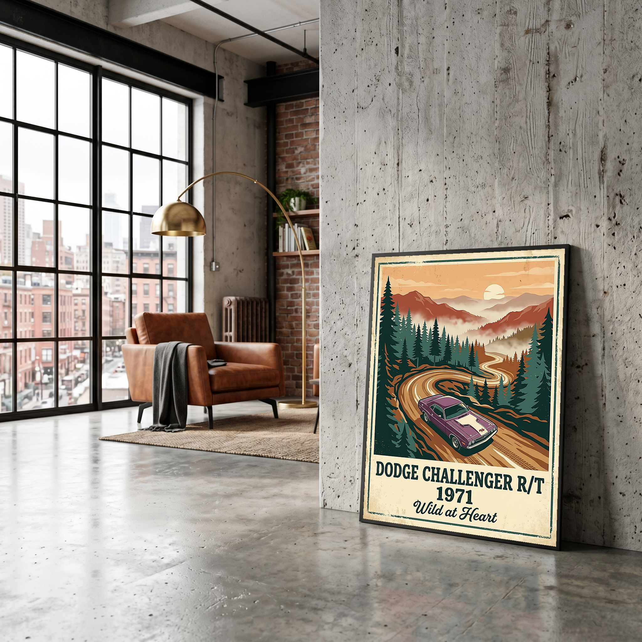 Dodge Challenger R/T 1971 V2 Poster — Vintage Muscle Misty Pine Mountain Print