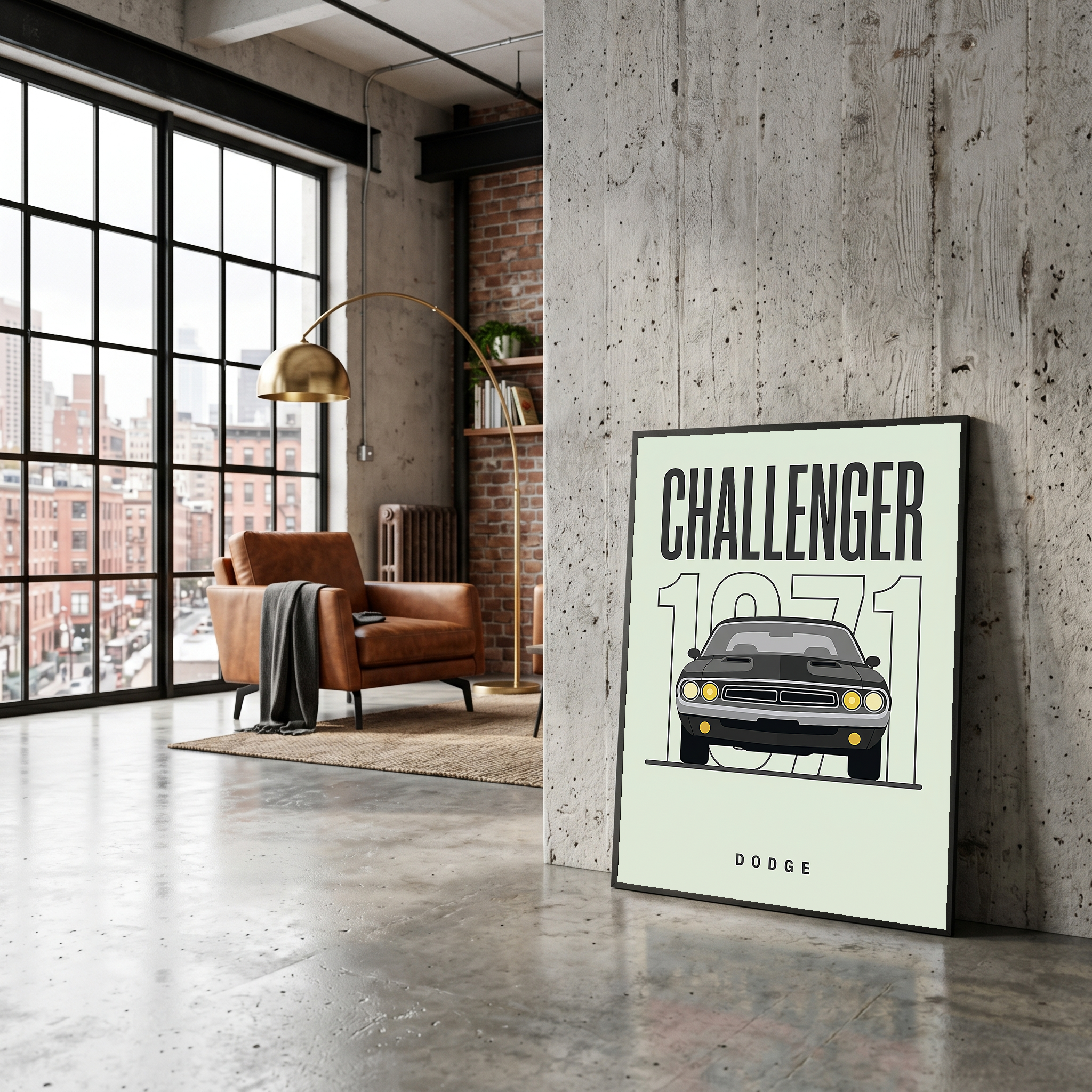 Dodge Challenger 1971 Minimalist Poster — Mint Sage Muscle Car Line Art