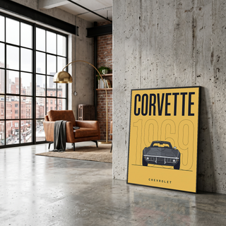 Chevrolet Corvette 1969 V2 Yellow Minimalist Poster — Muscle Car Line Art