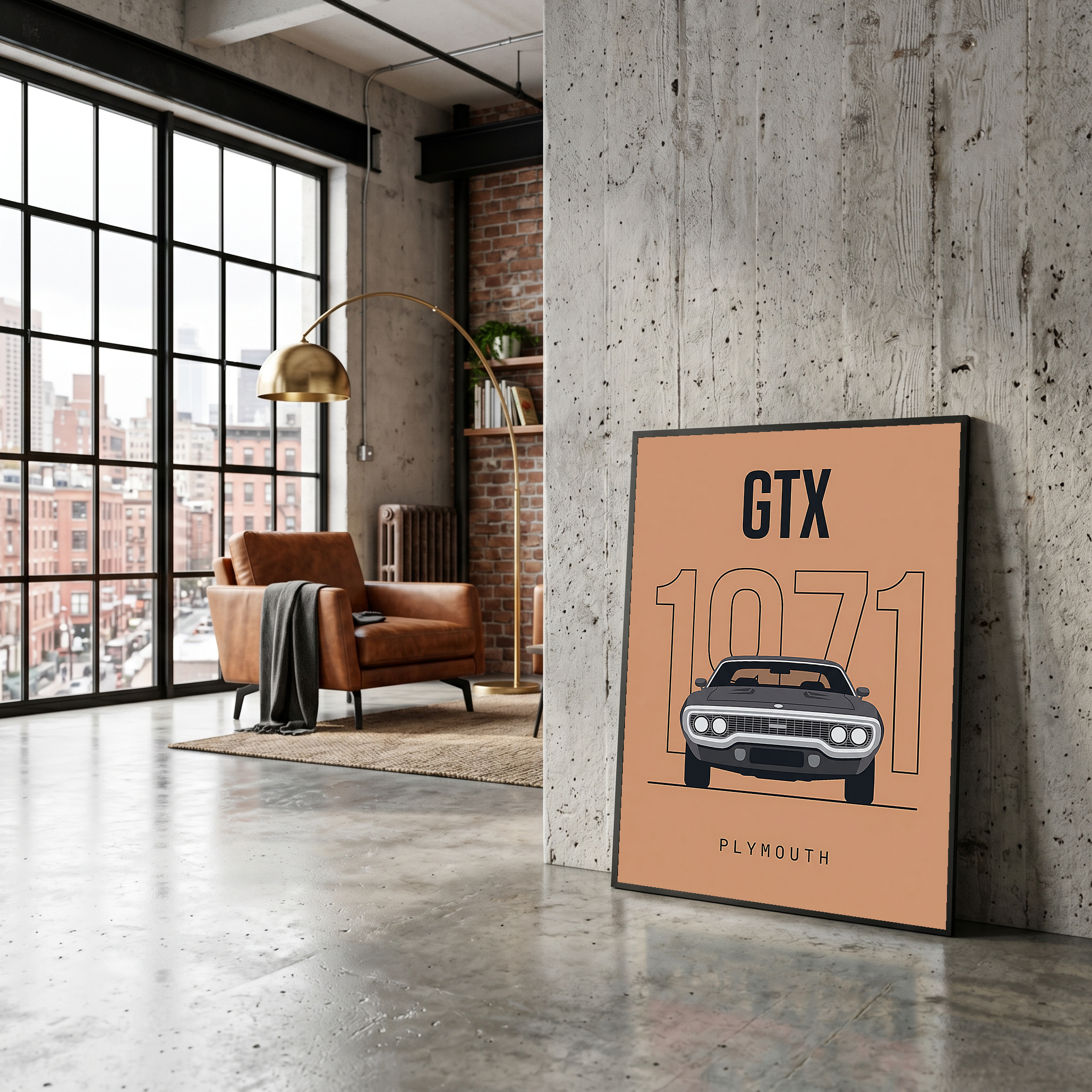 Plymouth GTX 1971 Minimalist Poster — Peach B-Body Muscle Line Art