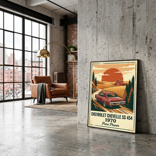 Chevrolet Chevelle SS 454 1970 V2 Poster — Vintage Muscle Car Wheat Field Sunset Print