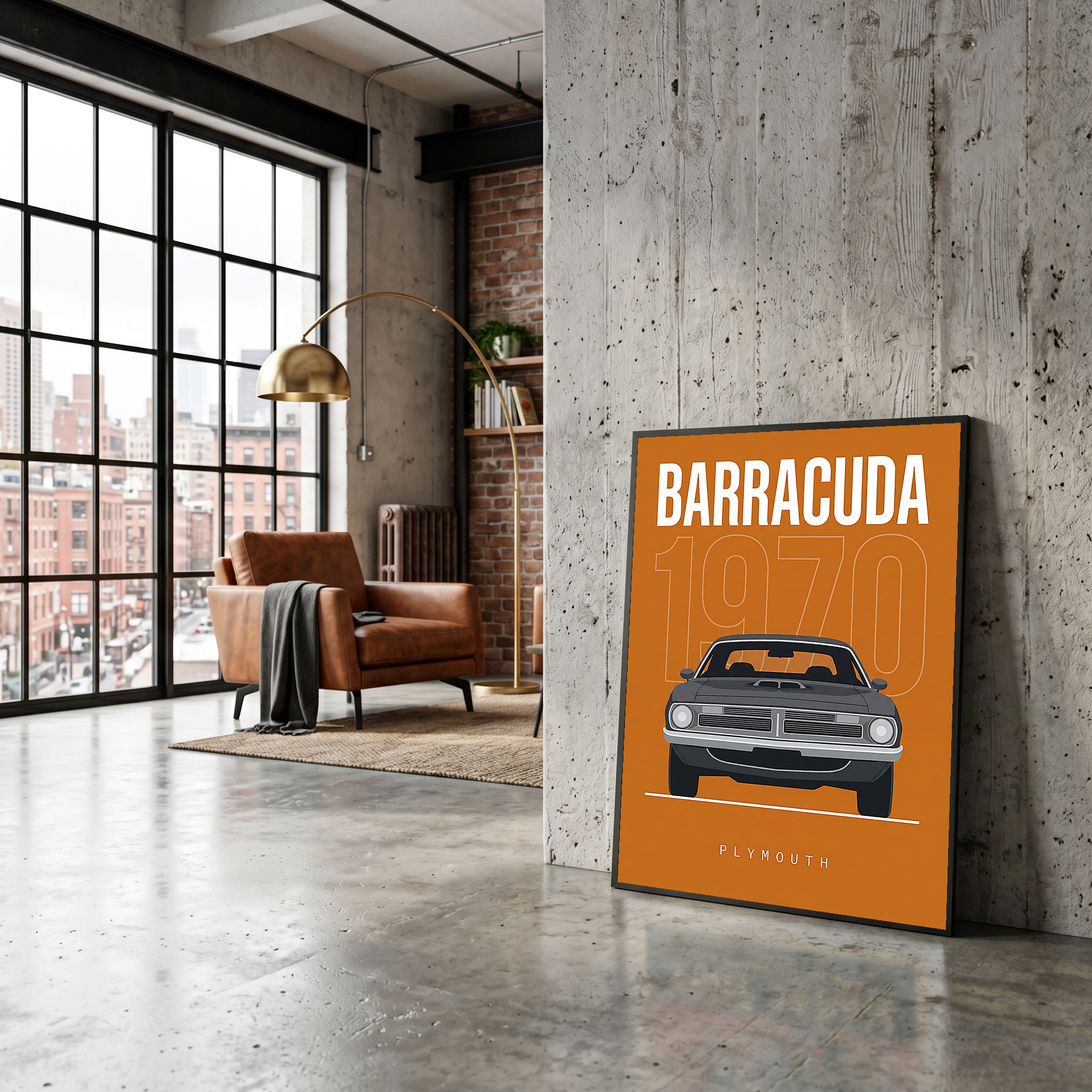 Plymouth Barracuda 1970 Minimalist Poster — Orange Muscle Car Line Art