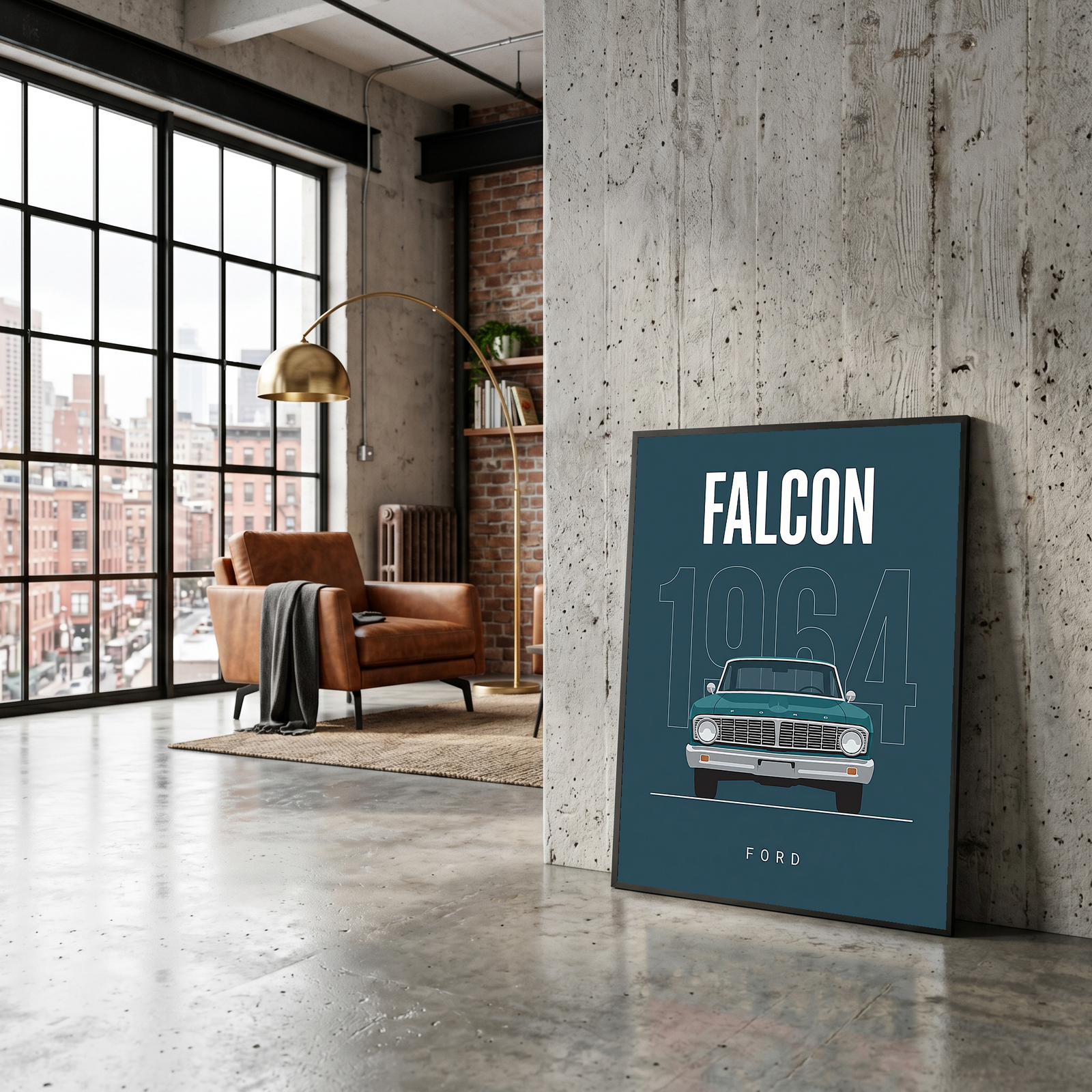 Ford Falcon 1964 Minimalist Poster — Teal Compact Muscle Line Art