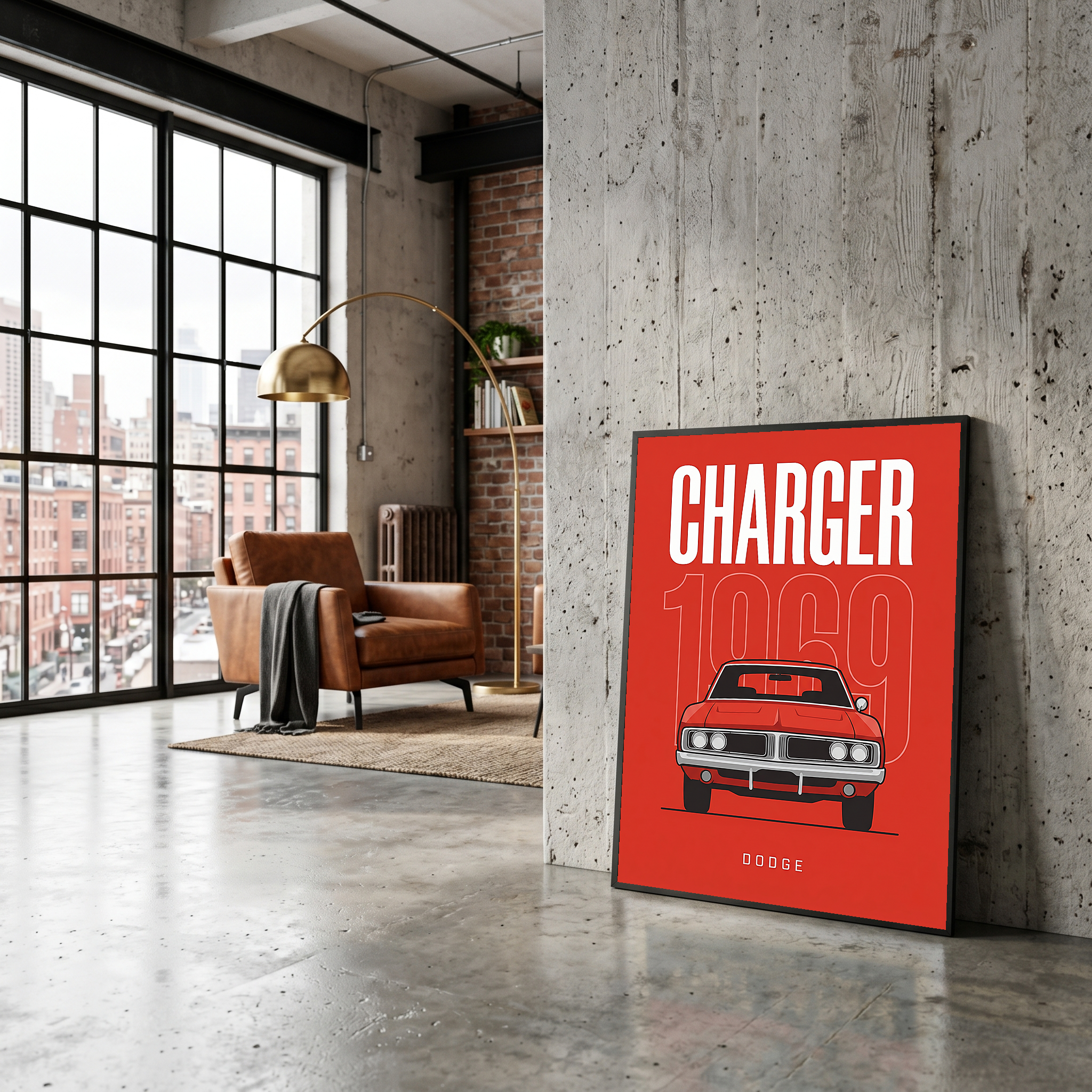 Dodge Charger 1969 Minimalist Poster — Red Muscle Car Line Art