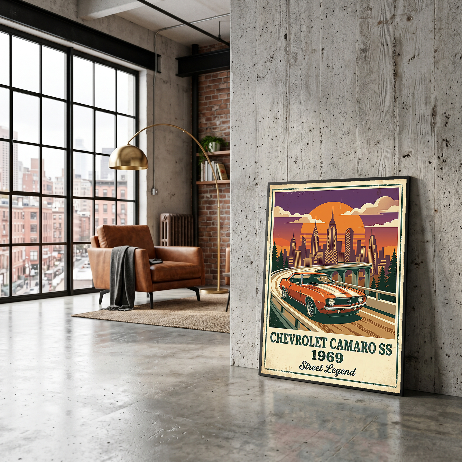 Chevrolet Camaro SS 1969 Poster — Vintage Muscle Car City Skyline Print