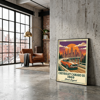 Chevrolet Camaro SS 1969 Poster — Vintage Muscle Car City Skyline Print