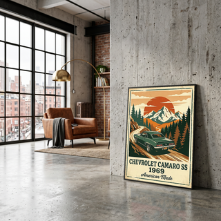 Chevrolet Camaro SS 1969 V2 Poster — Vintage Muscle Car Mountain Pine Print