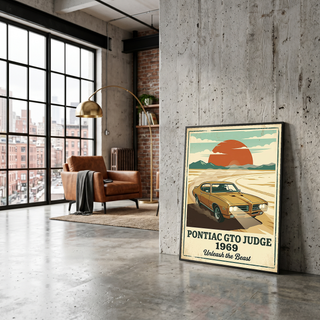 Pontiac GTO Judge 1969 V2 Poster — Vintage Muscle Car Desert Sunset Print