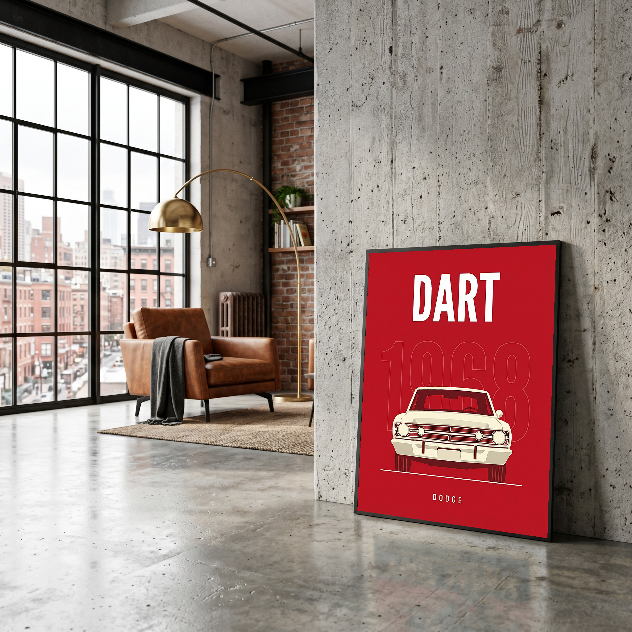 Dodge Dart 1968 Minimalist Poster — Ivory on Cherry Red Muscle Line Art