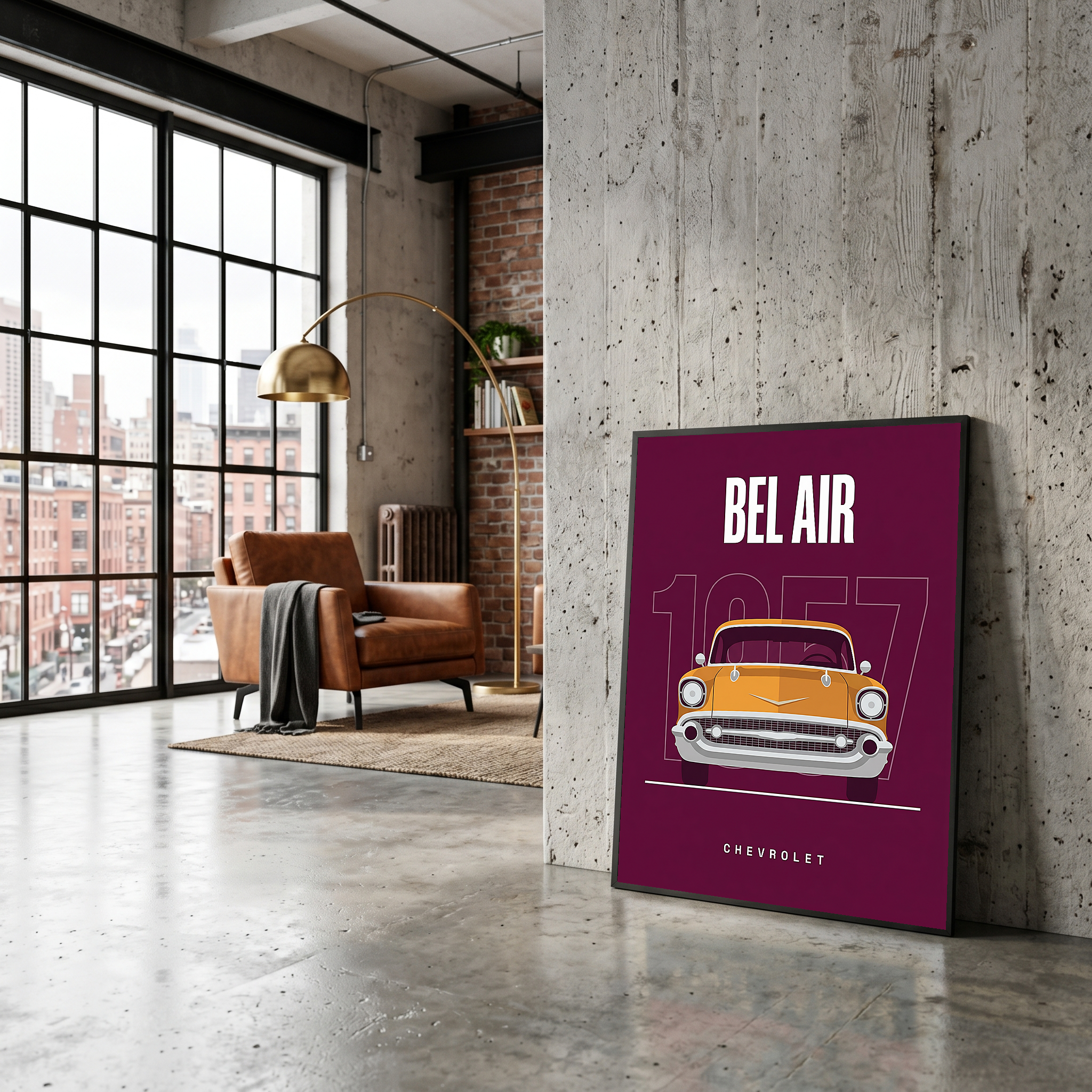 Chevrolet Bel Air 1957 Minimalist Poster — Burgundy Classic Car Line Art
